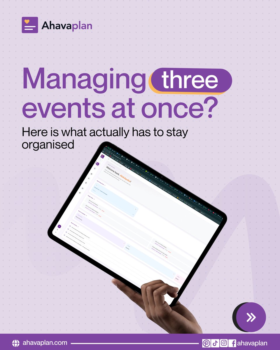 Ahavaplan's tweet photo. Running 3 events simultaneously doesn’t fail from a lack of effort. It fails from mixed-up logistics, buried contracts, and shared notes app chaos.
Here is what actually needs its own dedicated system to keep you sane.
Thread👇
#Ahavaplan #EventPlanner #EventPlannerLife https://t.co/EqgZhb61AH