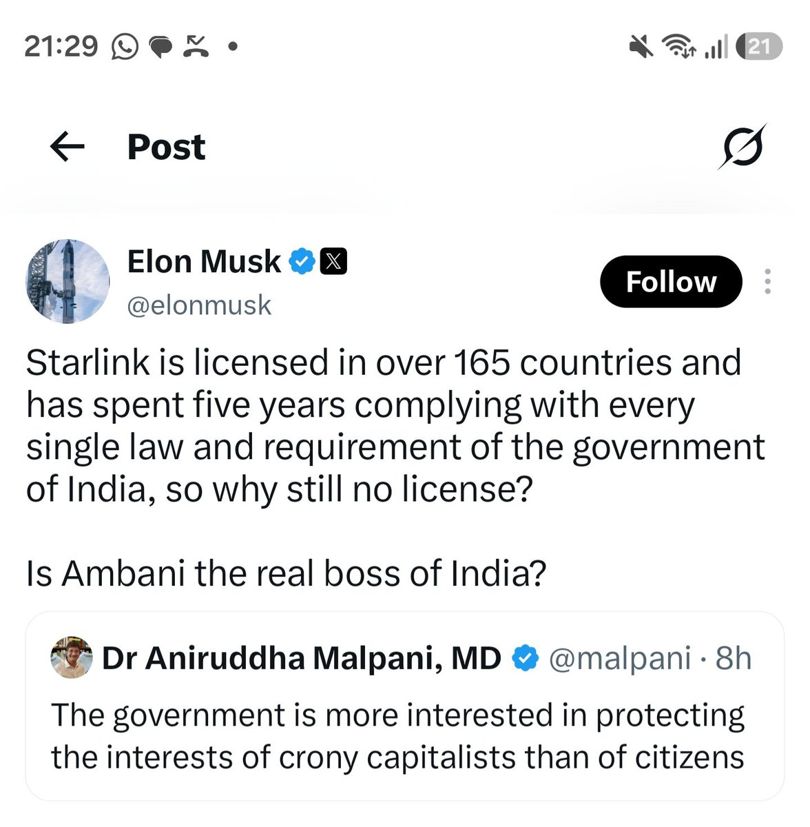 amitkilhor's tweet photo. I thought it was an edited tweet.. Damnn but he did tweet this.

@elonmusk is a bully.
In this case, Ambani is the good guy.

Theres no reason why starlink shall have preference over India's jio.
This is a security and sovereignty issue. https://t.co/k3LXOniYan