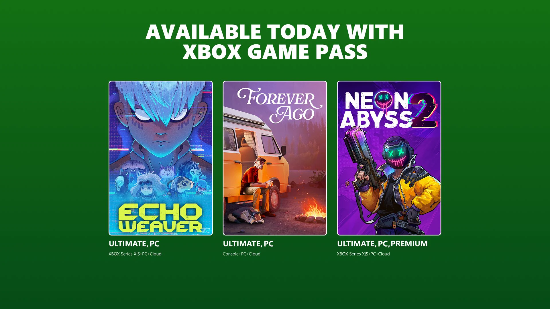 Echo Weaver, Forever Ago, and Neon Abyss 2 are available today with XBOX Game Pass.