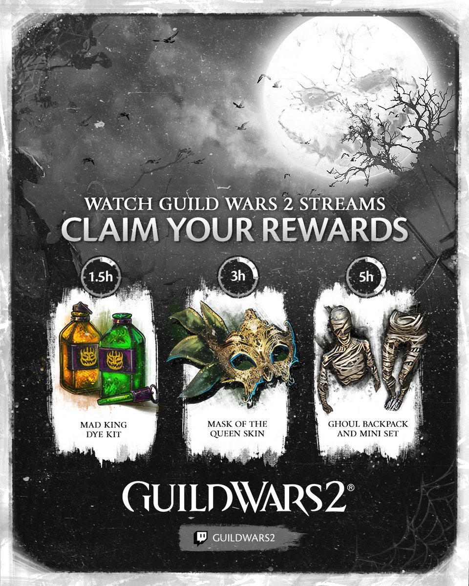 GuildWars2's tweet photo. Twitch or Treat! 👻 Shadow of the Mad King Twitch Drops begin October 15 at 9:00 a.m. PT and end October 18 at 11:59 a.m. PT. Get ready to watch and earn rewards in Guild Wars 2! https://t.co/nTmgFMidO9 https://t.co/ssMI4hfIzU