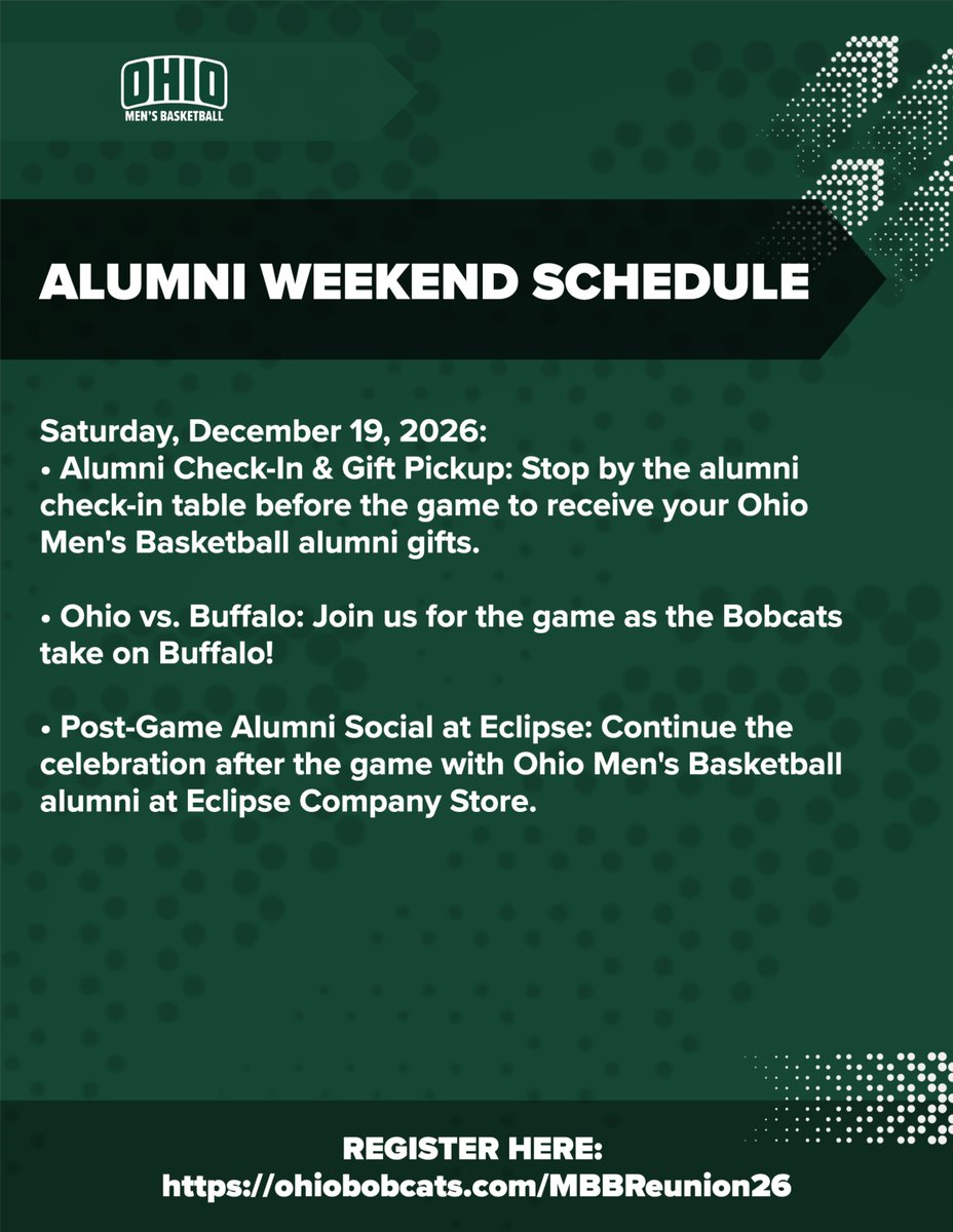 OhioMBasketball's tweet photo. 𝘼𝙇𝙐𝙈𝙉𝙄 𝙒𝙀𝙀𝙆𝙀𝙉𝘿 🏀 

Mark your calendars for Dec. 19 🗓️ Come back to Athens to meet up with your teammates and celebrate the past, present and future success of Ohio Men's Basketball!

If you haven't registered yet, please do so today!
🔗: https://t.co/971E1rQfli

#OUohyeah