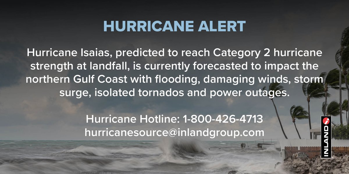 InlandGroup's tweet photo. Hurricane Alert: As Hurricane Isaias gains strength and approaches the Gulf Coast, Inland teams are working carefully to prioritize the safety of our tenants and customers. For more information and tenant resources: https://t.co/ldojuXsSrr https://t.co/Swpr0MRoby