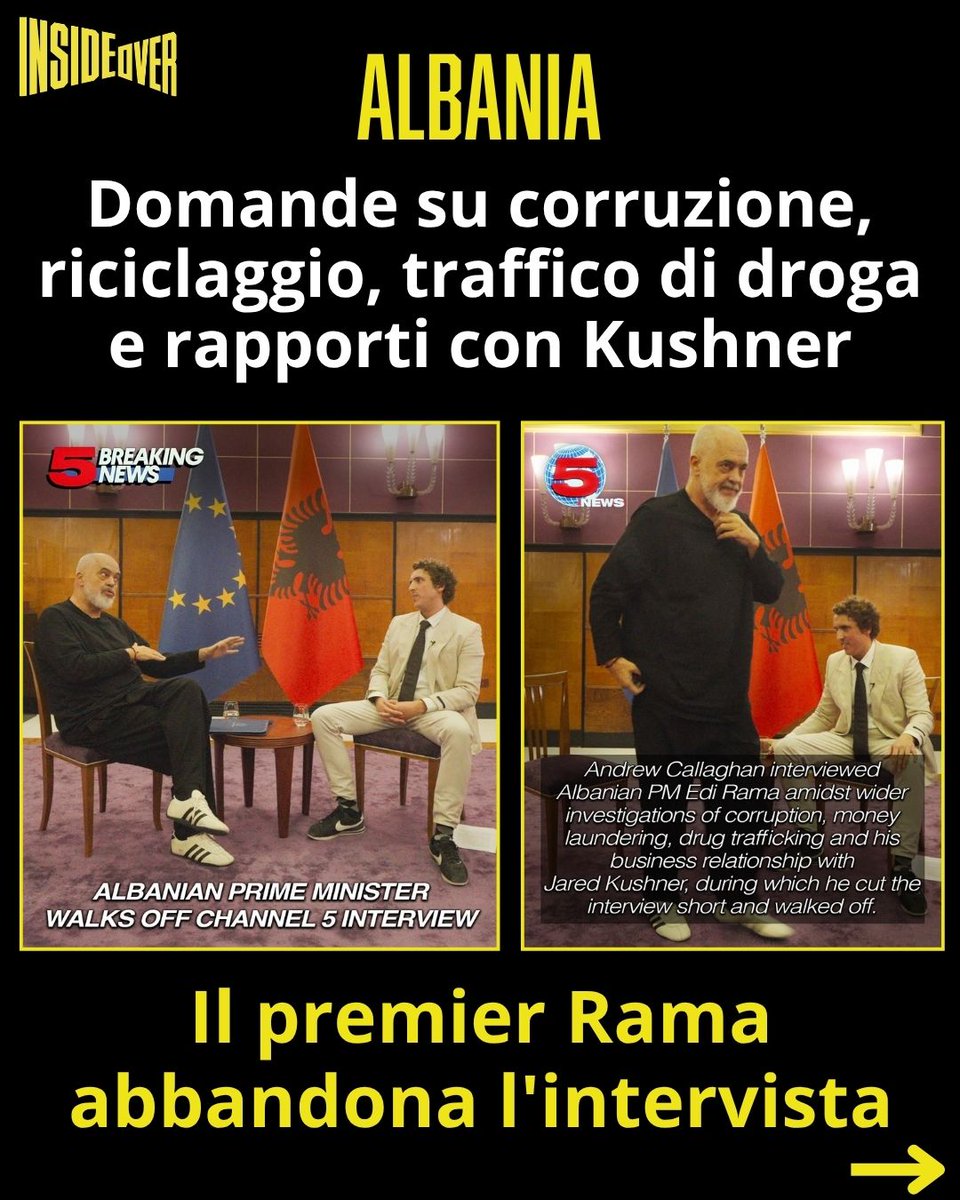 insideoverita's tweet photo. Edi Rama interrompe l'intervista e se ne va.
Il primo ministro albanese era ospite di Andrew Callaghan, giornalista indipendente americano con oltre tre milioni di iscritti sul canale YouTube Channel 5, quando, secondo quanto riportato dallo stesso canale sui social, ha lasciato il confronto.

Accanto alla foto dell'intervista, Channel 5 ha scritto: "Il primo ministro albanese Edi Rama abbandona l'intervista con Andrew Callaghan nel contesto di indagini più ampie su corruzione, riciclaggio di denaro, traffico di droga e i suoi rapporti d'affari con Jared Kushner". 

Il canale non ha però fornito dettagli sul motivo dell'interruzione né sulle domande rivolte al premier. L'intervista integrale, annuncia Channel 5, sarà pubblicata la prossima settimana.

Edi Rama e il suo governo sono al centro di un ampio movimento di protesta, ribattezzato "Rivoluzione dei fenicotteri": dal 31 maggio, ogni sera, migliaia di persone sono in piazza a Tirana per chiedere le dimissioni del premier.

Le manifestazioni sono nate come una campagna ambientalista contro un controverso progetto di resort e hotel di lusso in aree costiere e lagunari protette vicino a Valona, tra cui la laguna di Narta, dove nidificano i fenicotteri, e il villaggio di Zvërnec. Al progetto sono legati investitori stranieri, tra cui Jared Kushner, genero di Donald Trump.

Con il passare dei mesi la protesta si è allargata alla denuncia della corruzione, della gestione delle concessioni pubbliche e della scarsa trasparenza amministrativa, trasformandosi in un movimento contro il governo Rama e la sua politica di sviluppo del litorale.

La richiesta principale della piazza sono le dimissioni immediate di Edi Rama, che continua a difendere l'investimento, sostenendo che possa attirare capitali stranieri e far crescere l'economia albanese.

Il 2 giugno la Procura speciale anticorruzione albanese (SPAK) ha inoltre congelato i conti bancari di Albania Land Development, la società che ha acquistato i terreni del resort da 4 miliardi di dollari sostenuto da Kushner, nell'ambito di un'indagine su atti di proprietà sospettati di essere falsi.

#albania #edirama #kushner #flamingorevolution