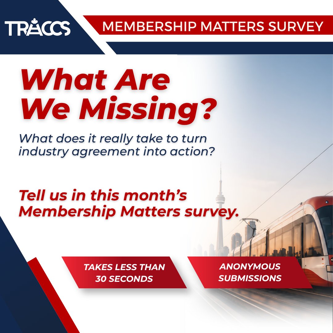 TRACCStransit's tweet photo. What are we missing? Turning industry agreement into action takes input from across the sector.
This month’s Membership Matters survey takes less than 30 seconds, and responses are anonymous.
Have your say → https://t.co/iPZZVT9tpU
#TRACCS #MembershipMatters https://t.co/U8RUrxqw8N