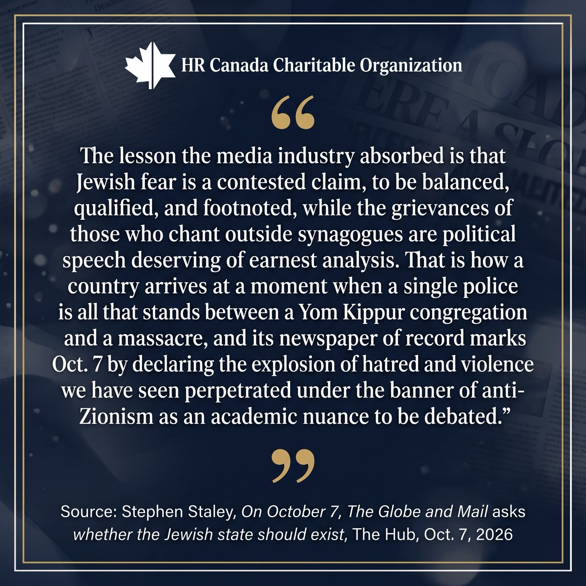 HRCCharitable's tweet photo. In "On October 7, The Globe and Mail asks whether the Jewish state should exist" for @TheHubCanada, @stevestaley succinctly addresses @globeandmail's decision to publish an article questioning the distinction between antisemitism and antizionism on the anniversary of Oct. 7, 2023.