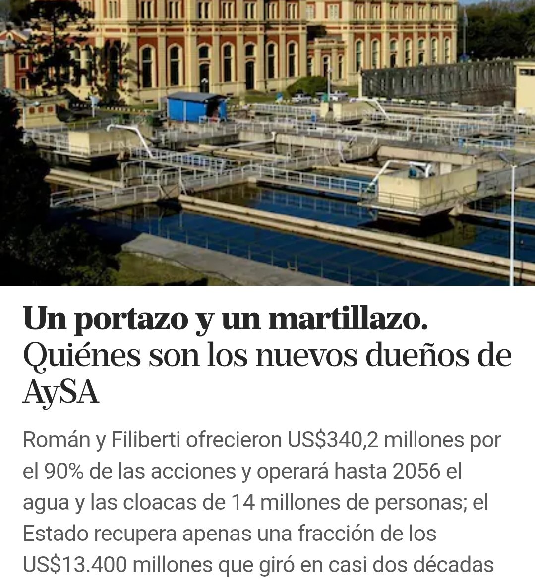 EcharrenF's tweet photo. El Estado invirtió en AYSA más de 13 mil millones de dólares pero la dan a capitales holandeses en solo 340 millones por 30 años.
Entendés el saqueo o hacemos un dibujo?? https://t.co/rIdhrgHjgJ