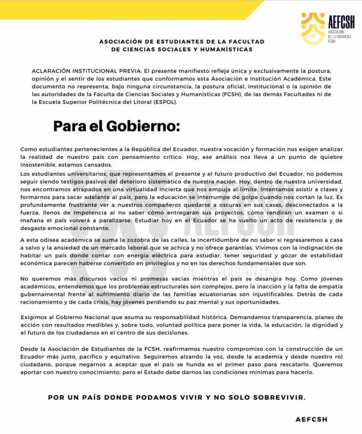 _Joham_'s tweet photo. Comunicado de la Asociación de estudiantes de la facultad de Ciencias Humanísticas de la ESPOL. https://t.co/mH8mSVlb1j
