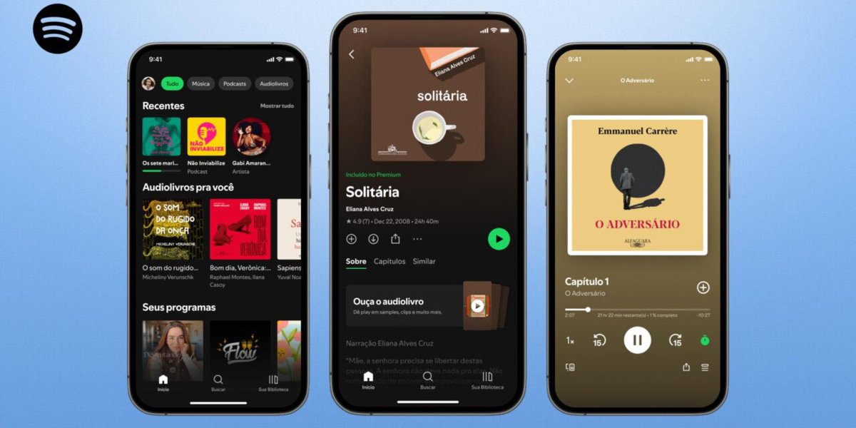 semspoiler_'s tweet photo. Spotify Brasil dará acesso audiolivros a partir do dia 15 de outubro!

Os livros estarão em uma aba específica, que terá funções como: marcadores automáticos, temporizador de leitura e page match, que permite sincronizar o áudio com a página onde você parou a leitura no físico ou e-book.

Os assinantes terão direito a 12 horas mensais de escuta. Horas adicionais estarão disponíveis com o plano Audiobooks+. Os livros também poderão ser adquiridos separadamente. 

Outra grande novidade é que, pela primeira vez, os livros da editora Companhia das Letras estarão inclusos numa assinatura de streaming.

O catálogo contará com mais de 350 mil livros, em português e outros idiomas. Os acordos com as editoras e autores serão “não exclusivos”, de modo que os títulos possam ser disponibilizados em outras plataformas.

🔗 https://t.co/p6uJyBAeHJ