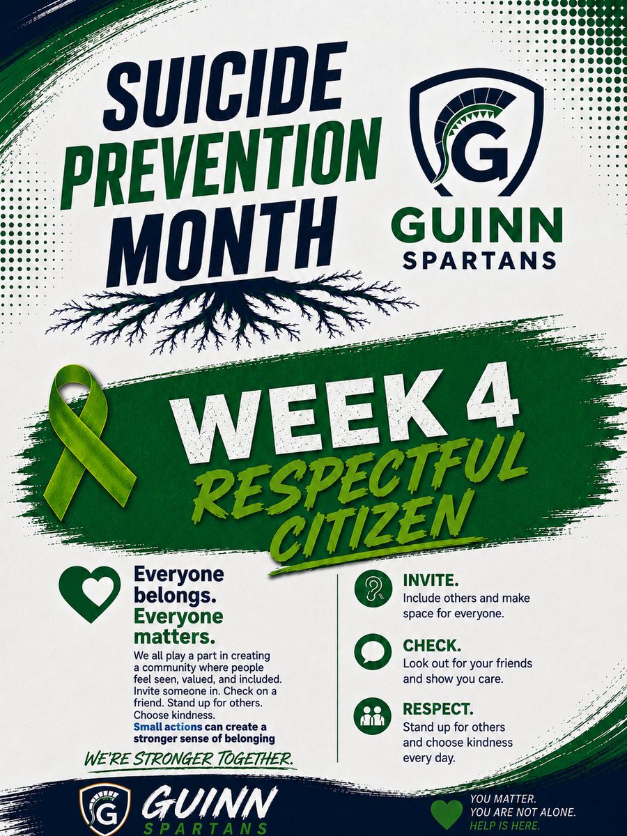 guinn_spc's tweet photo. 🌳Wellness Wednesday

Week 4 | RESPECTFUL CITIZEN
💚 Everyone belongs. Everyone matters.

It’s Suicide Prevention Month, and all September we’ve been highlighting one value each week that helps build a culture of support.

#SuicidePreventionMonth #MentalHealth https://t.co/C03aj6xbqU