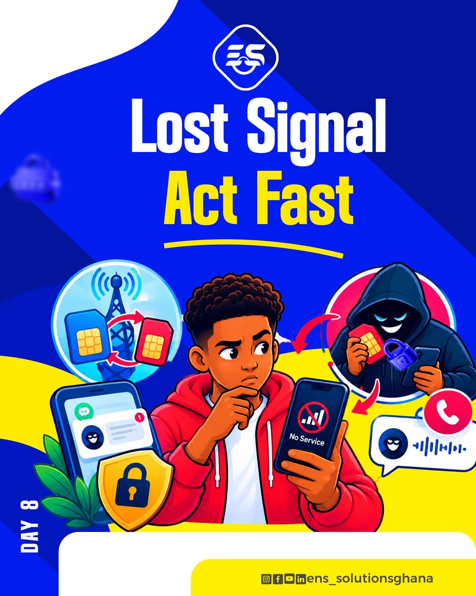 ens_solutionsgh's tweet photo. Ever heard of SIM swap fraud? That's how criminals hijack phone numbers to intercept OTPs.  That sudden, prolonged 'No Service' could mean a SIM swap in progress.

Contact your  provider (with another phone) immediately if your connection drops unexpectedly for hours. https://t.co/ayVvCdh6OS