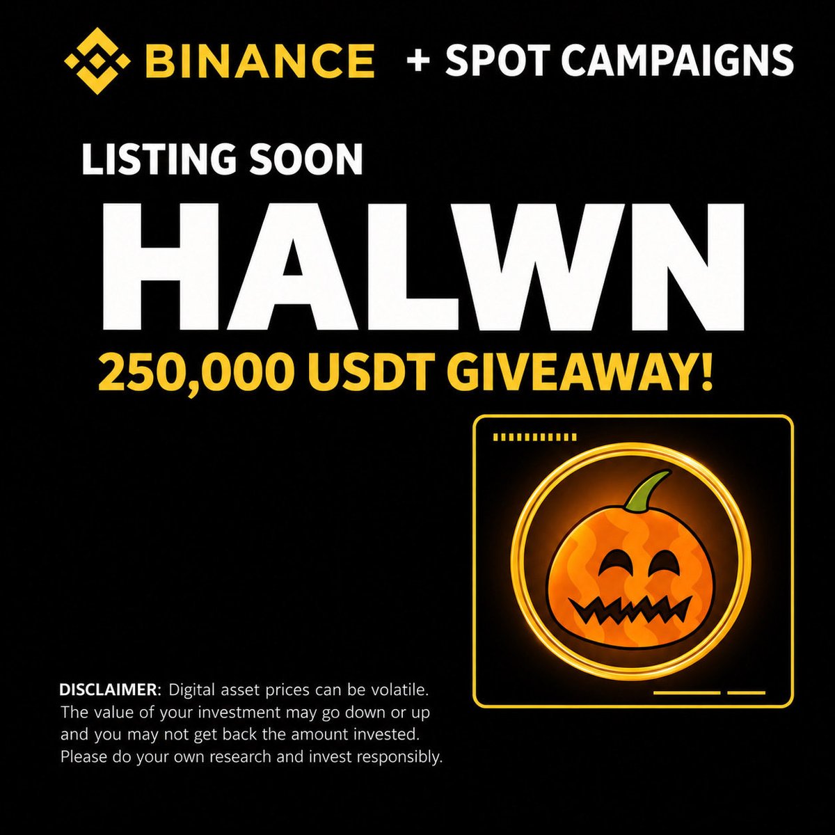halwnlife's tweet photo. $HALWN coin x  #Binance 250,000  $USDT giveaway for 5000 winner 🎁 

Join now:
1️⃣ Follow @halwnlife 
2️⃣ RT &amp; Like pinned post
3️⃣ Comments #SOL  wallet address

Giveaway ends october 10th &amp; distribution
october 10th ⏳ https://t.co/vo3sYYNY4H