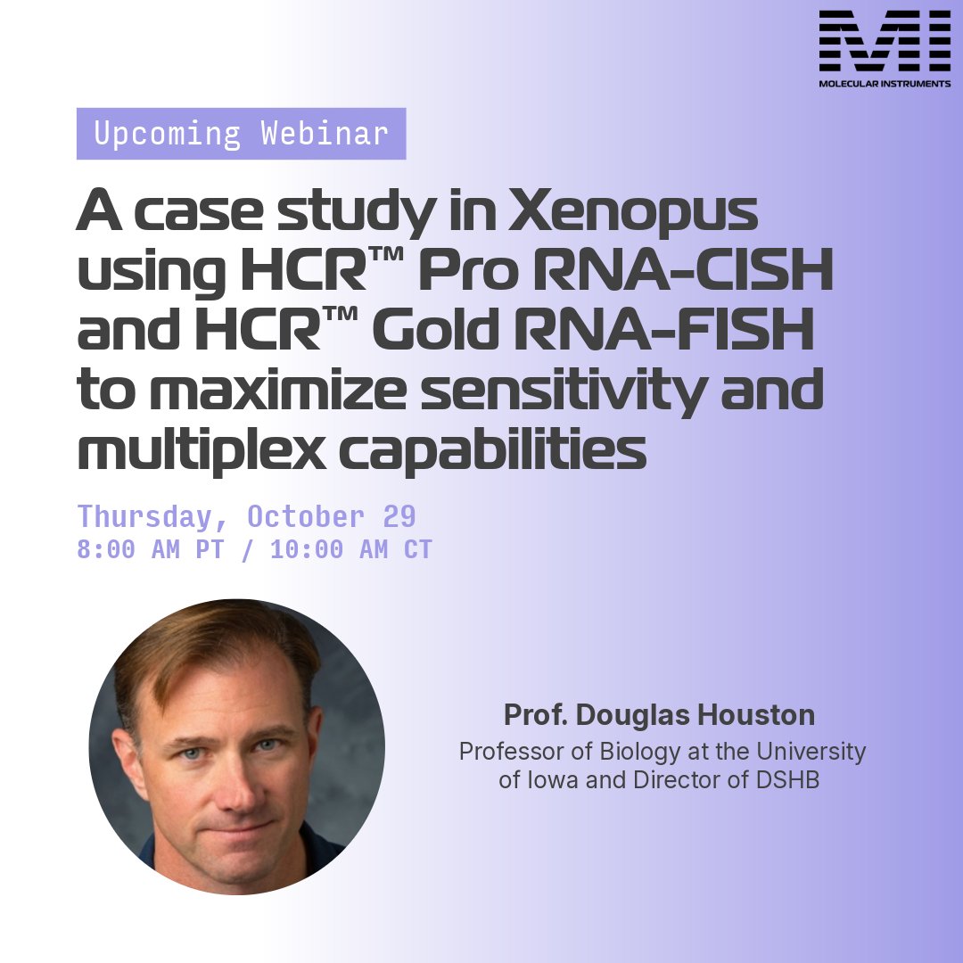 HCRimaging's tweet photo. How can researchers maximize sensitivity when detecting low-abundance RNA targets in whole-mount embryos?

In our upcoming webinar, Prof. Douglas Houston from the University of Iowa will share how manual HCR™ Pro RNA-CISH can support brightfield screening of low-abundance RNA targets across multiple Xenopus embryos.

He’ll also discuss how HCR™ Gold RNA-FISH can help move promising observations into high-resolution, multiplexed fluorescent analysis, plus approaches for combining RNA detection with immunostaining.

🗓️ Thursday, October 29
🕗 8:00 AM PT / 10:00 AM CT

Register here: https://t.co/BjvWMGLQR5