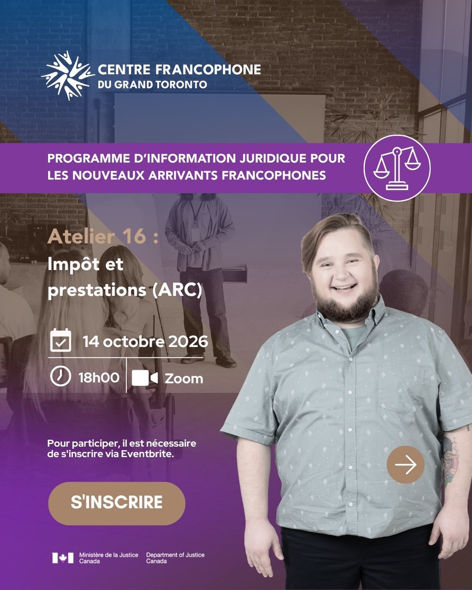 CentrefrancoT's tweet photo. 🧾 Vous venez d’arriver au Canada et vous ne savez pas par où commencer pour vos impôts?
Déclaration de revenus, documents à préparer, prestations et crédits : le @centre_francophone_de_toronto vous invite à un atelier gratuit en français pour y voir plus clair.

Découvrez les démarches à connaître, les erreurs courantes à éviter et les ressources qui peuvent vous accompagner.

📅 14 octobre 2026
🕕 18 h
💻 En ligne sur Zoom

👉 Inscrivez-vous sur Eventbrite : https://t.co/LtV8aJi625
📲 Faites défiler les visuels pour découvrir le programme!
--------------------------
#CFGT #NouveauxArrivants #Impôts #Prestations #Francophonie #Ontario