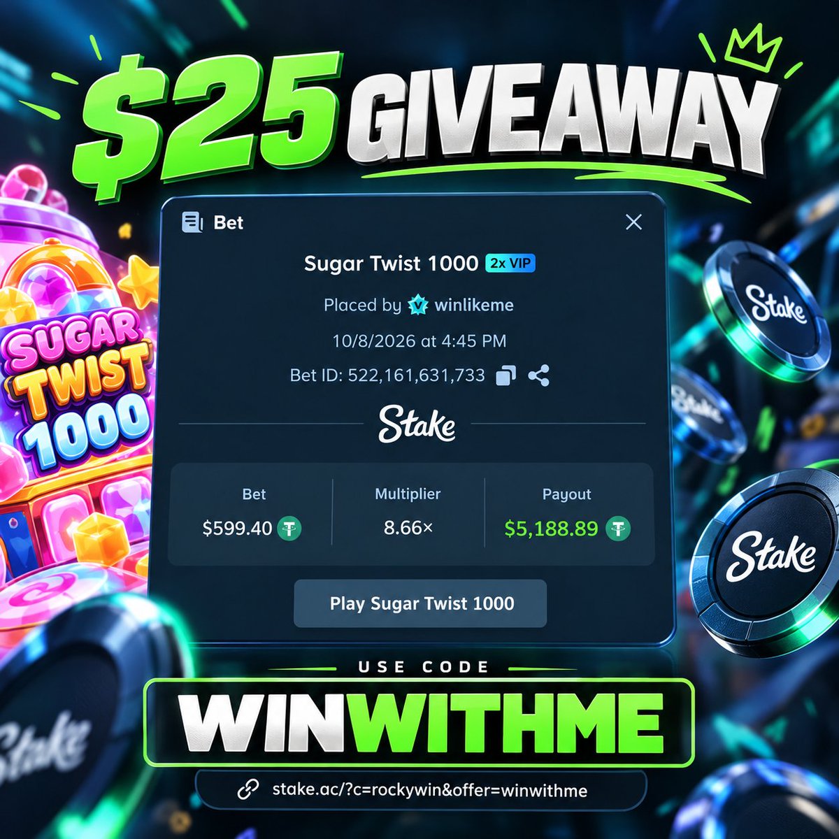 Win_Like_Me's tweet photo. 🔥 $25 GIVEAWAY 🔥

Just hit $5,188.89 on Sugar Twist 1000 with an 8.66x multiplier! 💰

Now it’s your turn 👀
🎁 REPOST 
https://t.co/Pg1gsSaSiQ https://t.co/2npWb4bltX