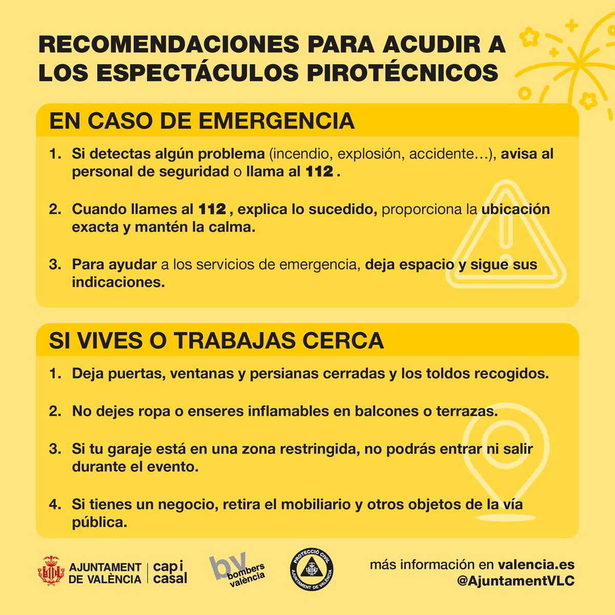 AjuntamentVLC's tweet photo. 🎆🔥Esta noche 💥🧨Festival Internacional de #pirotècnia dentro del programa de actos por la festividad del #9Octubre .
🕙 A las 23.30 h, Pirotecnica San Pio, d’Itàlia 🇮🇹 , y a las 23.59 h, Pirotecnia #Caballer FX 🇪🇸, llenarán de pólvora, luz y color el cielo de la ciudad.
📍 Pont de Montolivet
▶️ Prestad atención a las recomendaciones que nos hacen @bomberosvlc y @protecivilvlc para disfrutar de estos actos de forma segura.