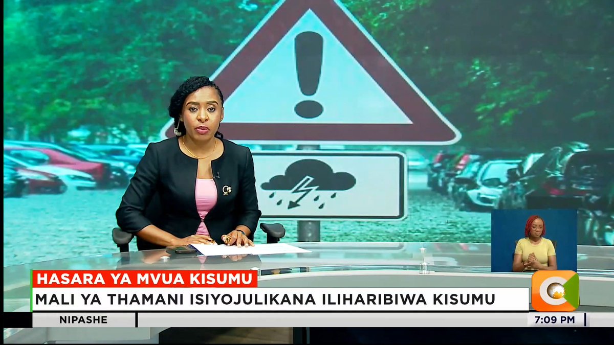 A news broadcast on Citizen TV at 7:09 PM featuring a female anchor reporting on heavy rain damage in Kisumu, with text reading 'HASARA YA MVUA KISUMU' and 'MALI YA THAMANI ISIYOJULIKANA ILIHARIBIWA KISUMU'. A sign language interpreter appears in the corner.