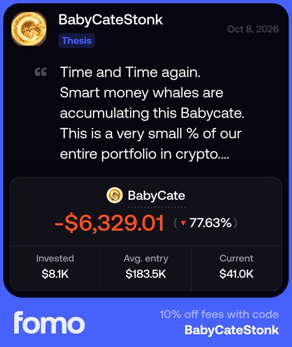 BabyCateStonk's tweet photo. Smart Money Whales are Accumulating this coin.
This is a Very Small % of our entire portfolio in crypto.
Not even including our stocks port in IRL.
Doesnt matter how Bad the Market gets.
Or how much $CATE is Bleeding.
We Don't Capitulate.
We just Buy More.
solana:4JHXtNwMogExmcxXB1Ykb1A9s6yyAWKYG7xRurnT14Ws . Your stablecoin to shelter from the storms outside.
Follow Us on FOMO:  @BabyCateStonk