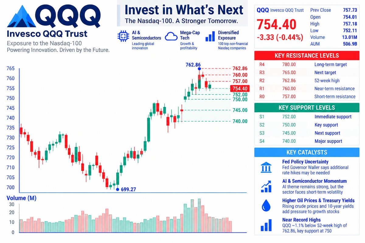 🎯 $QQQ — MY TRADING PLAN

QQQ is trading at $754.40 (-0.44%) after moving between $752.11 and $757.18.

My setup:
🟢 Above $750 — Bullish structure intact
🔥 A