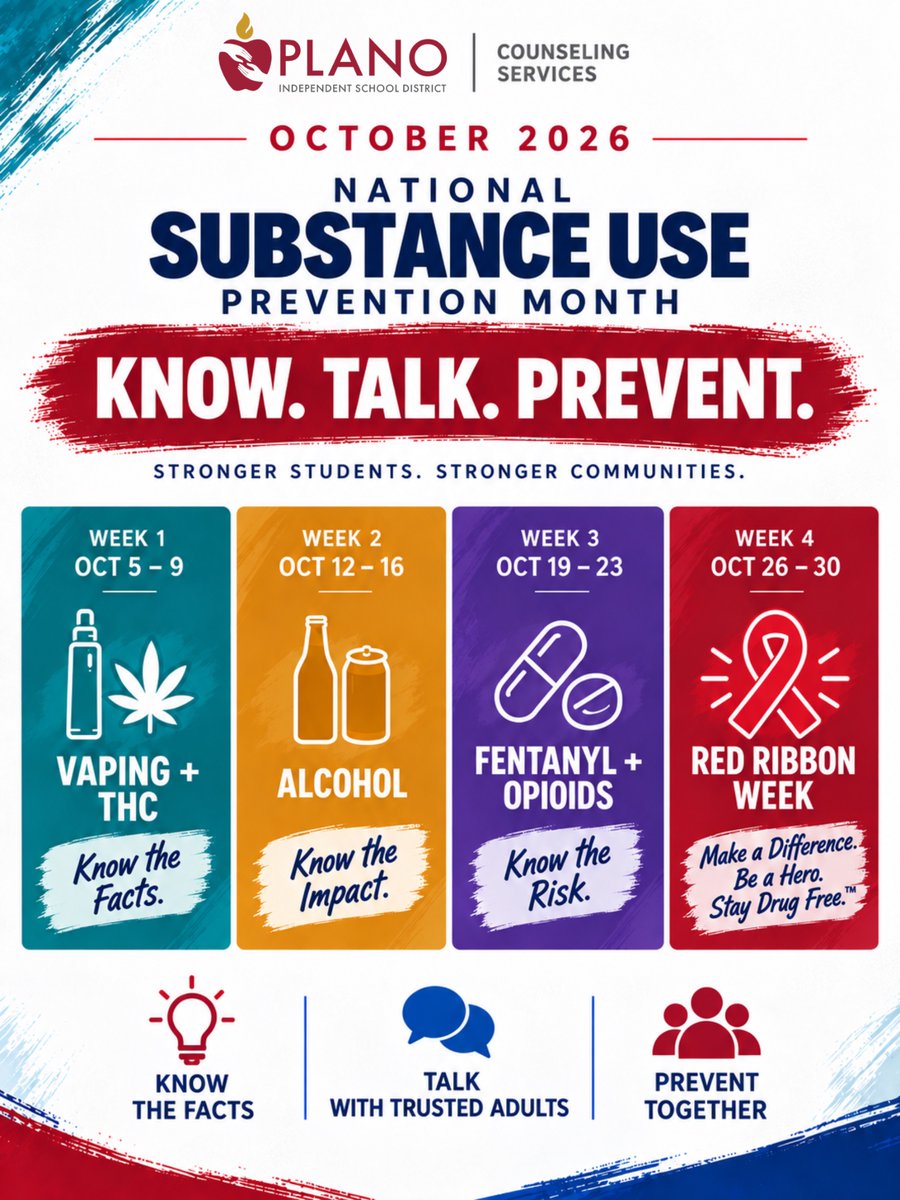 guinn_spc's tweet photo. 📣 KNOW. TALK. PREVENT. 📣

October is National Substance Use Prevention Month in Plano ISD! 

Follow along all month for weekly flyers, family conversation guides, and prevention tips.

#KnowTalkPrevent #SubstanceUsePrevention #DistrictMade #TeamPlanoISD #RedRibbonWeek https://t.co/ApAUrgSGLk