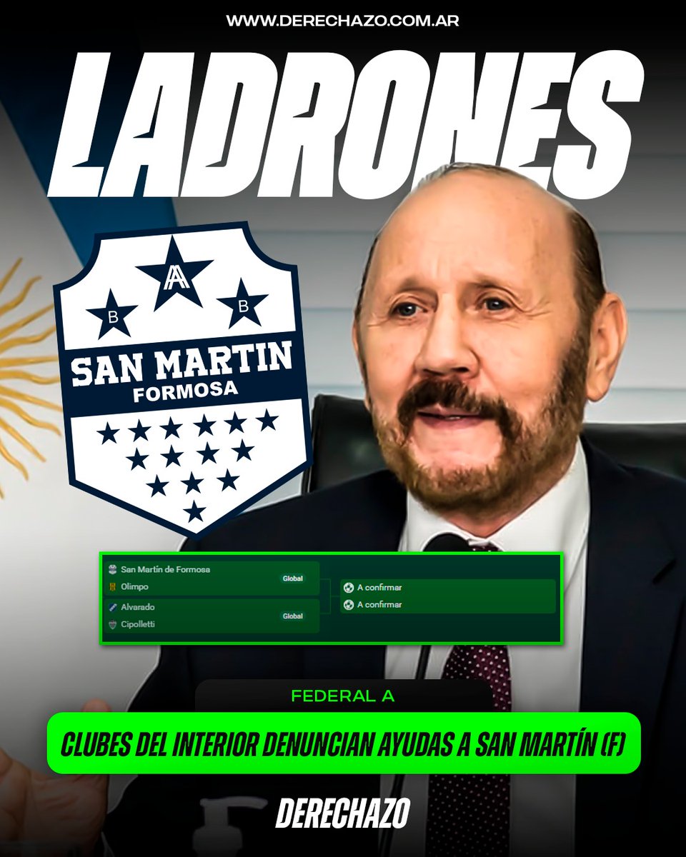derechazoarg's tweet photo. 🇦🇷🚨 LADRONES: Clubes del interior están denunciando que la AFA está beneficiando con los arbitrajes a San Martín de Formosa, equipo íntimamente ligado al dictador Gildo Insfrán.

‼️ El club llegó con ayudines a la semifinal del Federal A y se enfrenta a Olimpo, un grande de la categoría.