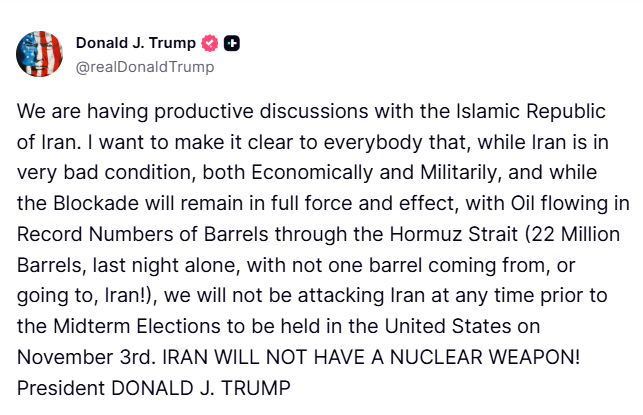 FoxNews's tweet photo. BREAKING: Trump rules out striking Iran before Nov 3 midterm elections, saying 'productive discussions' are ongoing https://t.co/sYLQy9kvKZ