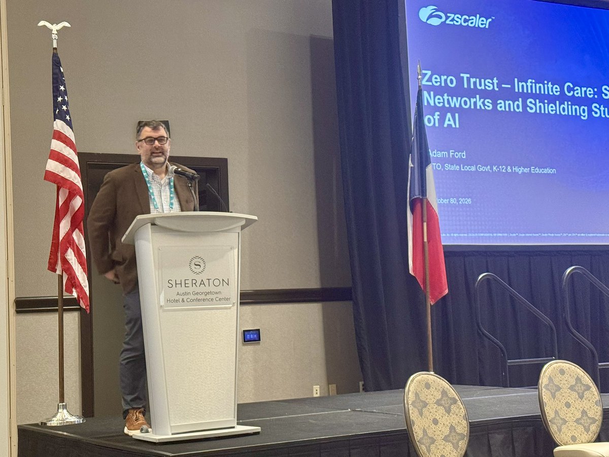 TXEdTechLeaders's tweet photo. “Zero Trust, Infinite Care: Securing District Networks &amp; Shielding Students in the Age of AI,” w/ Adam Ford, Zscaler’s Public Sector Field CISO and former CISO for the State of IL. How can schools use Zero Trust architecture to protect data, secure Gen AI, and safeguard kids? https://t.co/pYgG227EDH