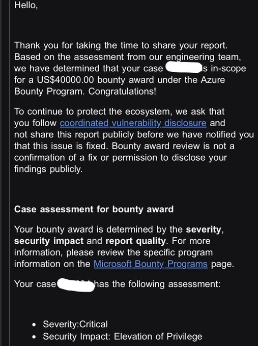 The image displays a Microsoft Azure Bounty Program notification awarding a $40,000 bounty for a vulnerability case classified as Critical severity with Elevation of Privilege security impact. This corresponds to the researcher's achievement referenced in the accompanying post regarding their highest bounty, which was earned by discovering CVE-2026-85878 in Azure HorizonDB.