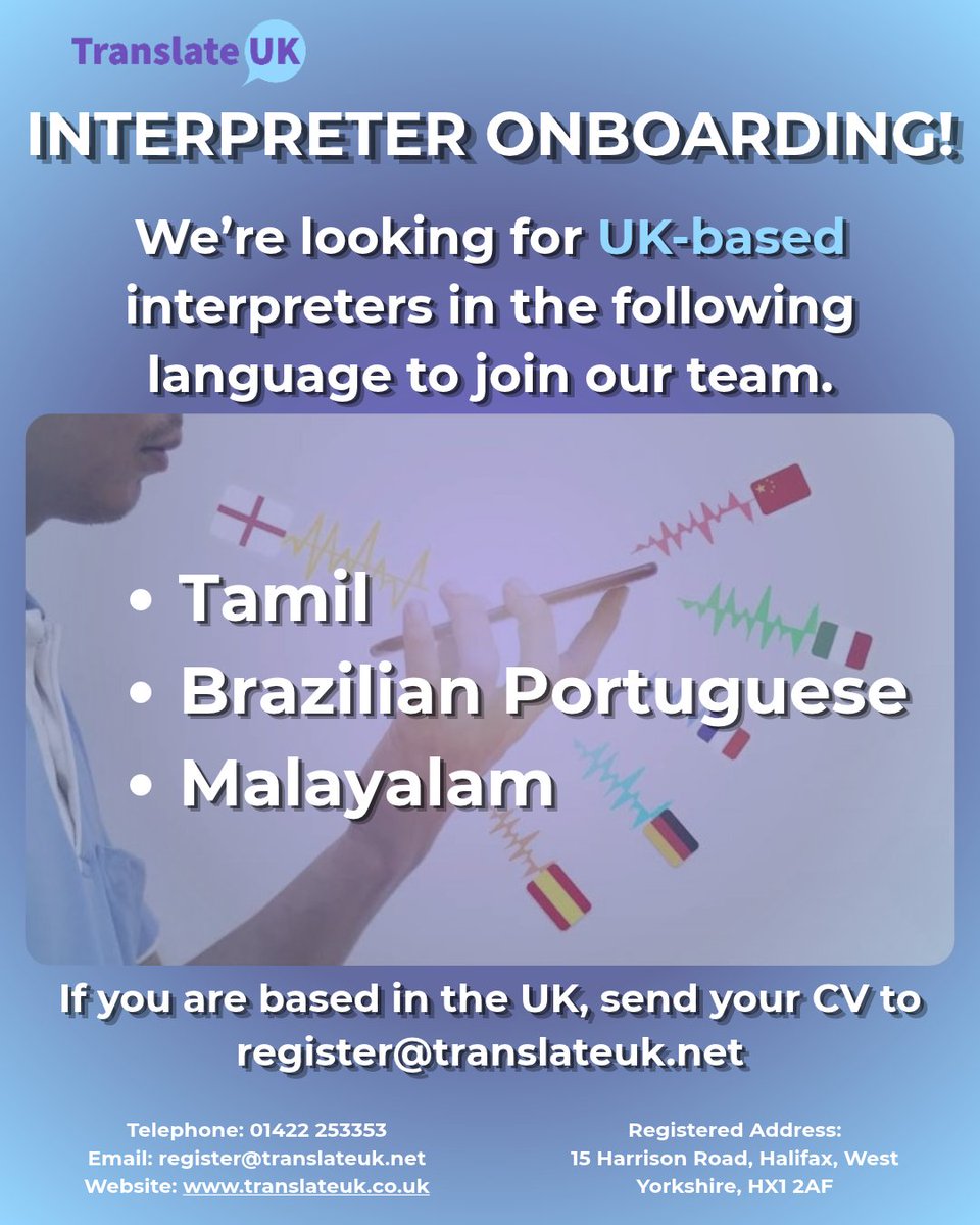 TranslateUK's tweet photo. π UK-based interpreters!
Translate UK is expanding its interpreter network across the UK. To register, send your CV to:
π§ register@translateuk.net
#TranslateUK #interpreters #interpreting #languageservices #communityinterpreting #UKInterpreters https://t.co/J7nU0nd5Ji
