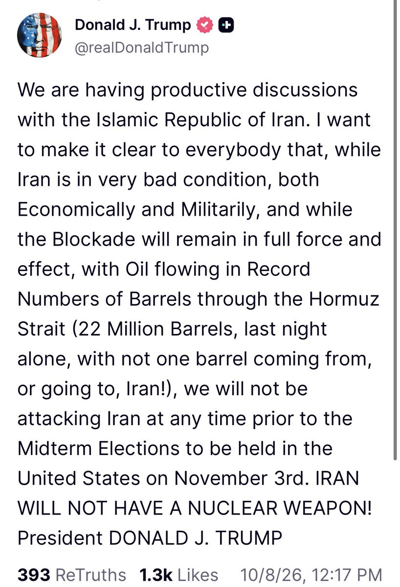 RpsAgainstTrump's tweet photo. Trump:

“We will not be attacking Iran at any time prior to the Midterm Elections” https://t.co/mWWWD6eeFg
