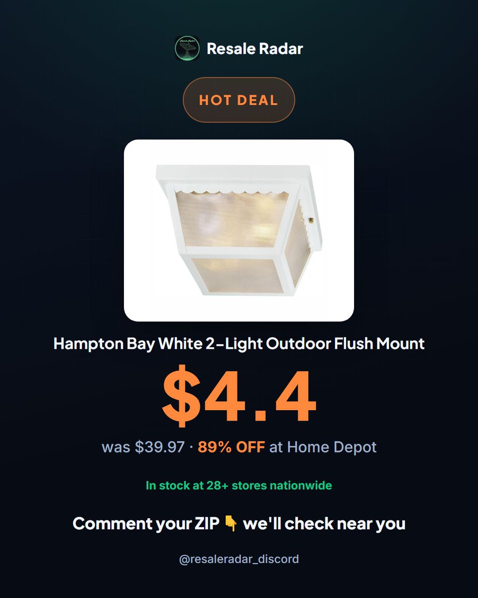ResaleRadar8's tweet photo. 89% markdown on outdoor fixtures. Hampton Bay 2-light white flush mount $4.40 at Home Depot (reg. $39.97). Resale spread is solid. 28+ stores stocked. #ResaleRadar

See current stock. Link in bio. #clearance #deals https://t.co/rMnLafRuT7