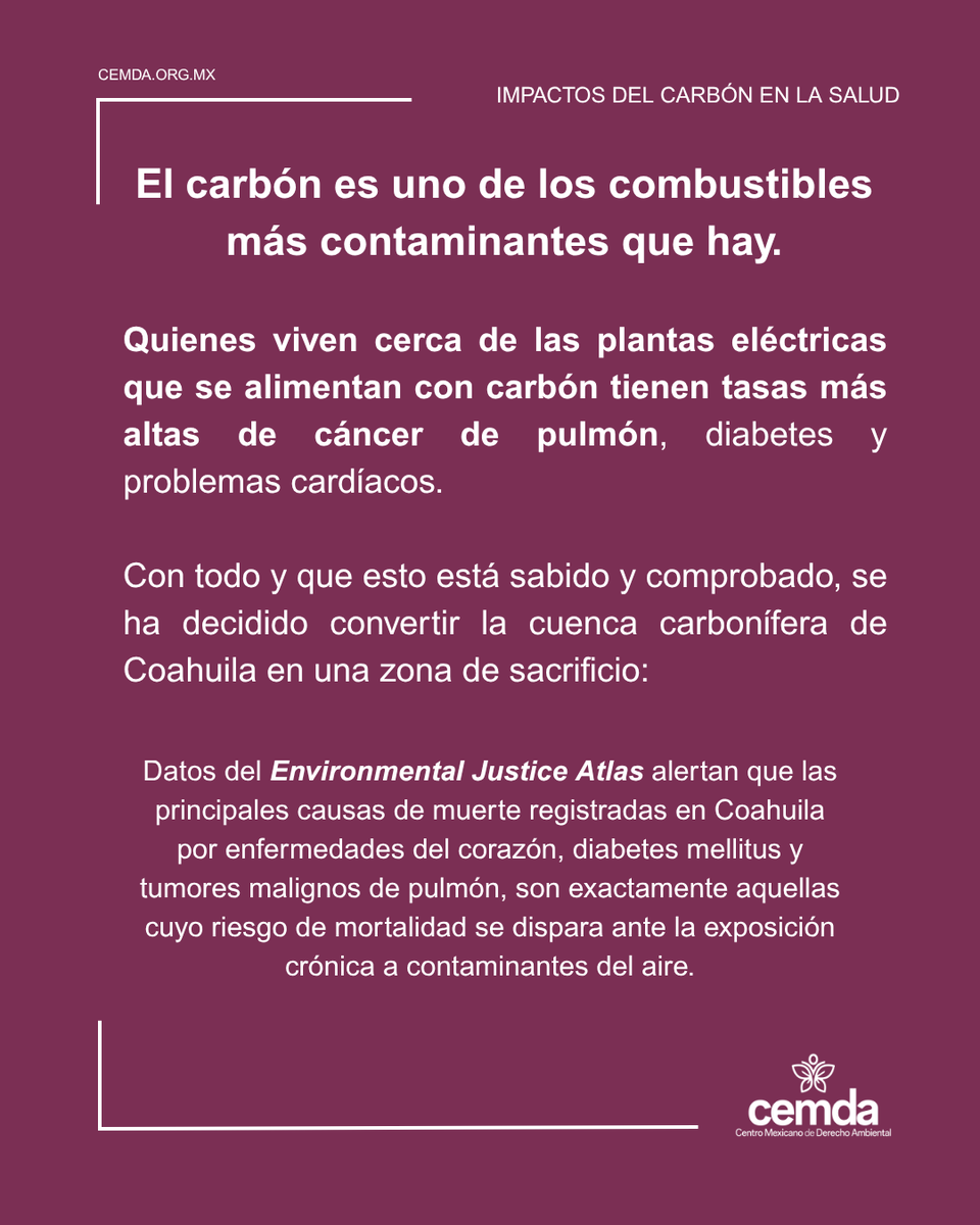 CEMDA's tweet photo. A pesar de que México se comprometió a dejar el carbón atrás, miles de personas siguen respirando a diario el humo generado por la quema de este combustible para producir energía. Son comunidades que enfrentan los impactos de una actividad que pone en riesgo su salud y su territorio.

Nuestro país debe avanzar hacia un modelo energético que nos permita dejar atrás los combustibles fósiles, como el carbón, cuya quema afecta la salud de las personas y cuya extracción pone en riesgo a quienes trabajan en las minas.

Conoce más sobre los impactos del carbón en la salud y el clima:
https://t.co/Xynpo4H08H
