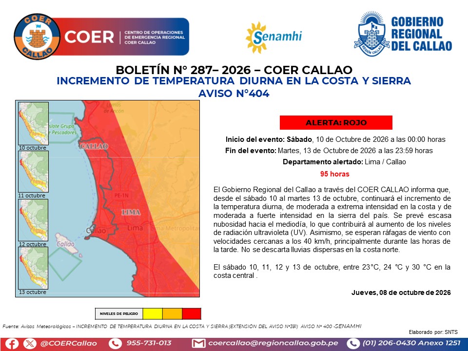 COERCallao's tweet photo. BOLETÍN N° 287-2026-COER CALLAO INCREMENTO DE TEMPERATURA DIURNA EN LA COSTA Y SIERRA AVISO N° 404 #Callao #Bellavista #CarmenDelaLeguaReynoso #laPerla #LaPunta #MiPeru #Ventanilla #GobiernoRegionalDelCallao #COERInforma https://t.co/jQsbWPwkM4