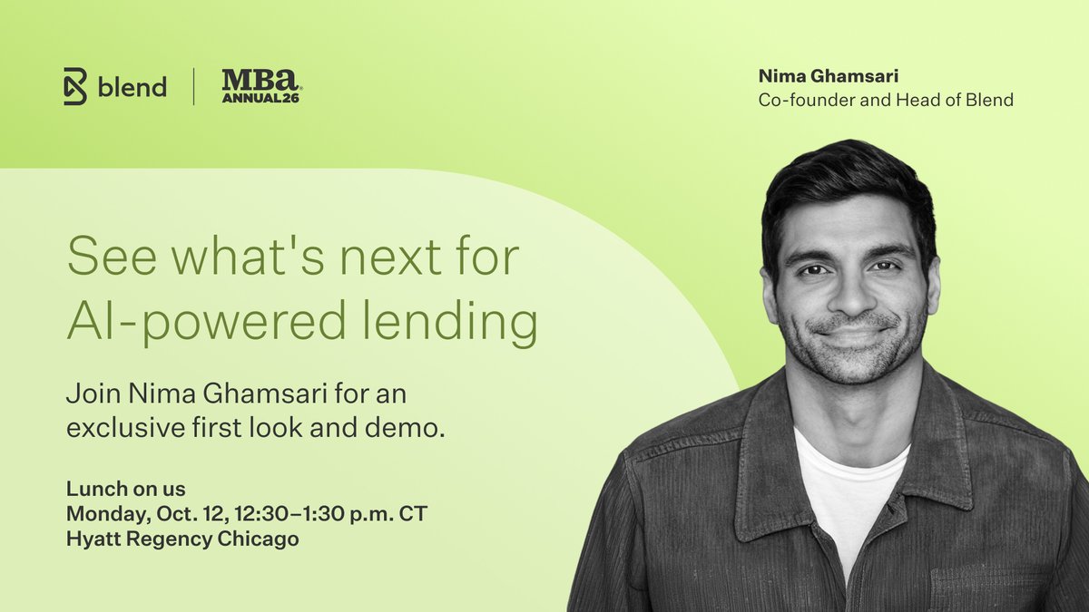 blendlabsinc's tweet photo. Headed to #MBAAnnual - Join Blend CEO Nima Ghamsari on October 12 for an exclusive first look at our latest AI agent for Loan Officers.
Lunch on us. Reserve your seat → https://t.co/yyVUARuYwF https://t.co/mAjhiI1meO