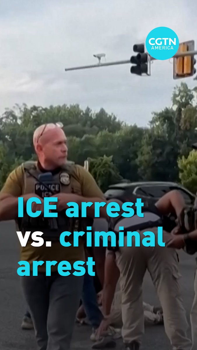 A CGTN America news graphic titled "ICE arrest vs. criminal arrest" shows a police officer in a tactical vest standing at an intersection while another officer appears to apprehend a person on the ground nearby.