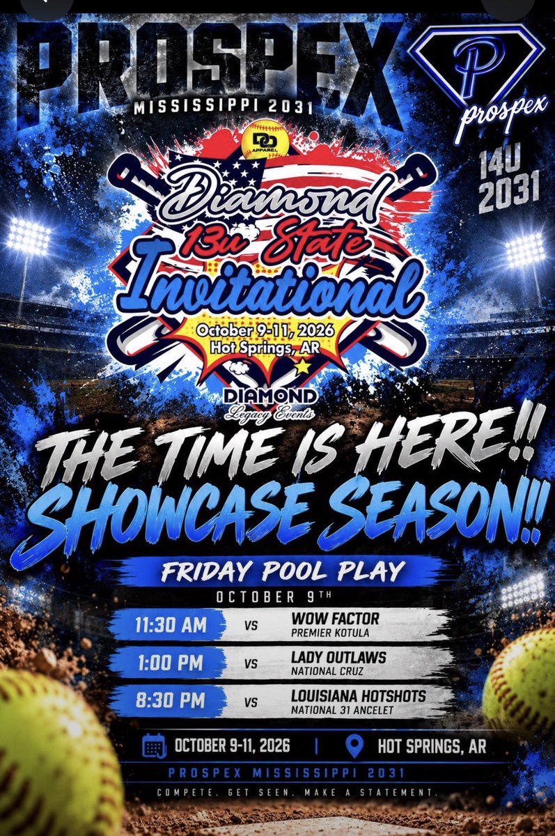 MBPolk2031's tweet photo. It’s Showcase time!!💙🖤

💎Headed to Hot Springs, Arkansas!

🗓️ October 9-11
🏆Diamond Legacy 13u State Invitational 

So ready to get back on the field with @Prospexms2031 https://t.co/gvWDadx6Fm
