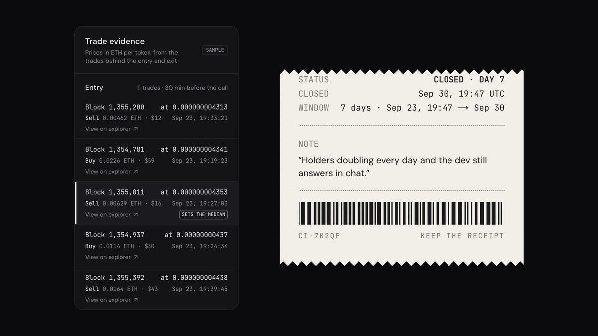 Calledit_rh's tweet photo. Every receipt links the trades behind it.

Entry price: the trades in the 30 minutes before the call.
Exit price: the trades in the last 30 minutes of the window.
Each trade with block, time, size and a link to the Robinhood Chain explorer.

Prices are read from the chain, not from a dashboard we control. We checked the method against the Pons market data and it matched.

If you disagree with a receipt, you can recompute it.