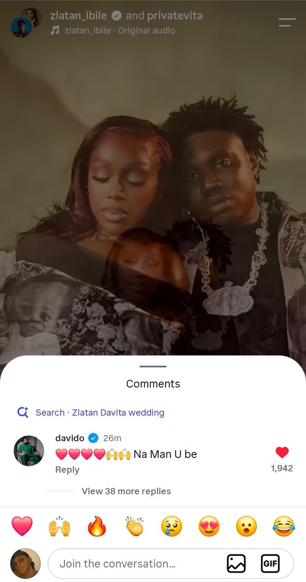 GNFSULTAN's tweet photo. Davido via zlatan Instagram comment ❤️💍😍 https://t.co/bOw6UZ7WCc
