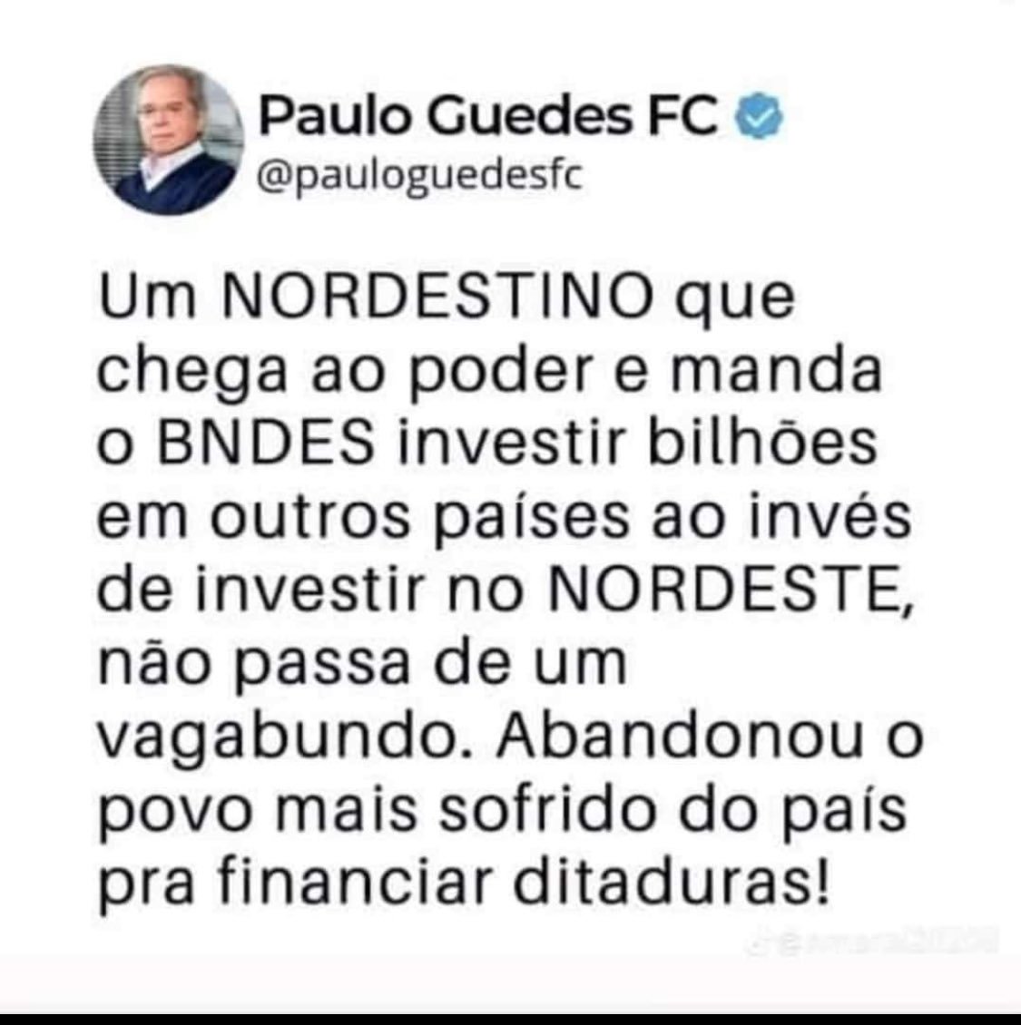 FtimaPesso2719's tweet photo. Lula o nordestino que chegou ao poder e esqueceu do nordeste árido, preferindo investir bilhões do BNDES em outros países ! 
Alguém sabe me dizer o motivo dessa escolha? 
#Flavio22 https://t.co/WajW5F5bD2