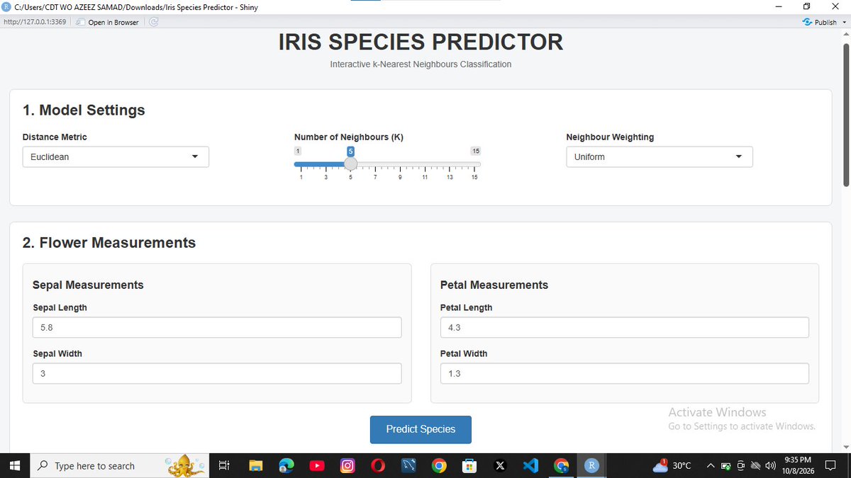 SAzeez98130's tweet photo. From an R programming assignment to a LIVE machine-learning app! 🚀🌸

I built an interactive Iris Species Predictor using R Shiny, k-NN, and ggplot2.

Users can enter flower measurements, adjust model settings, and explore predictions and nearest neighbours. https://t.co/sGbjzexjHH