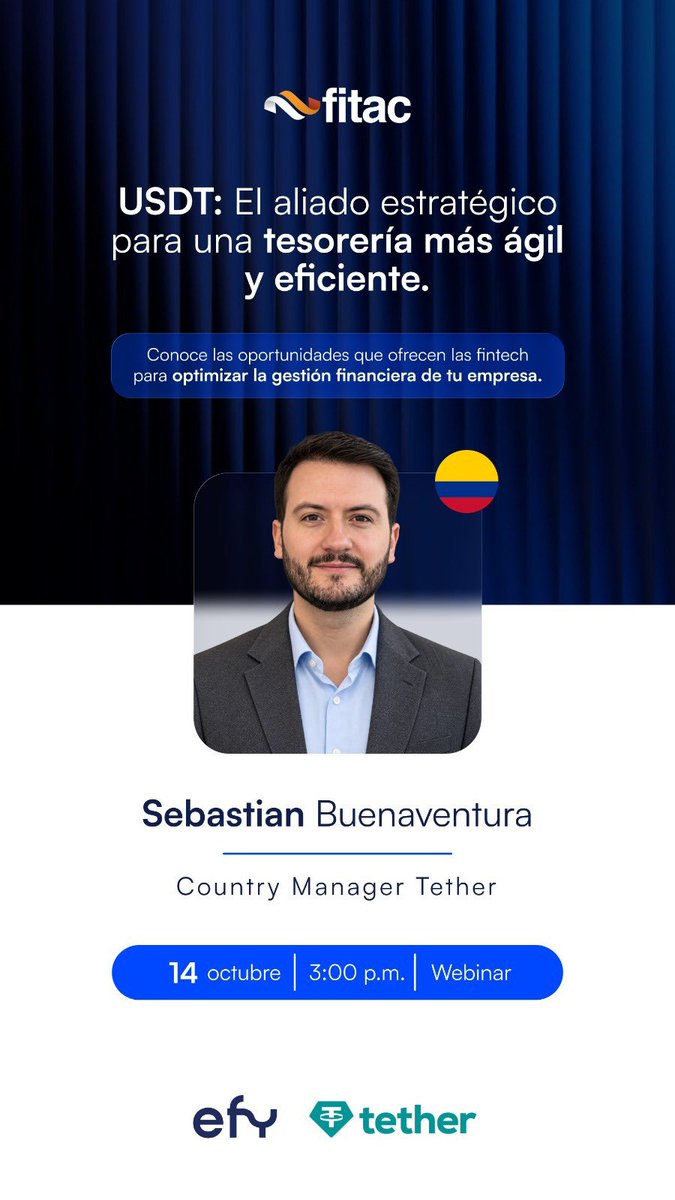 FITACNAL's tweet photo. #CapacitacionFitac 📣La tecnología financiera está abriendo nuevas posibilidades para la gestión empresarial.🇨🇴

Desde @FITACNAL, EFY y Tether ponemos sobre la mesa una conversación sobre el papel de las fintech en la gestión de tesorería, y las oportunidades que herramientas como USDT pueden representar para hacer más ágiles y eficientes las operaciones financieras de las empresas.🔝

Inscríbete aquí 👉 https://t.co/7FqOFM5NCV