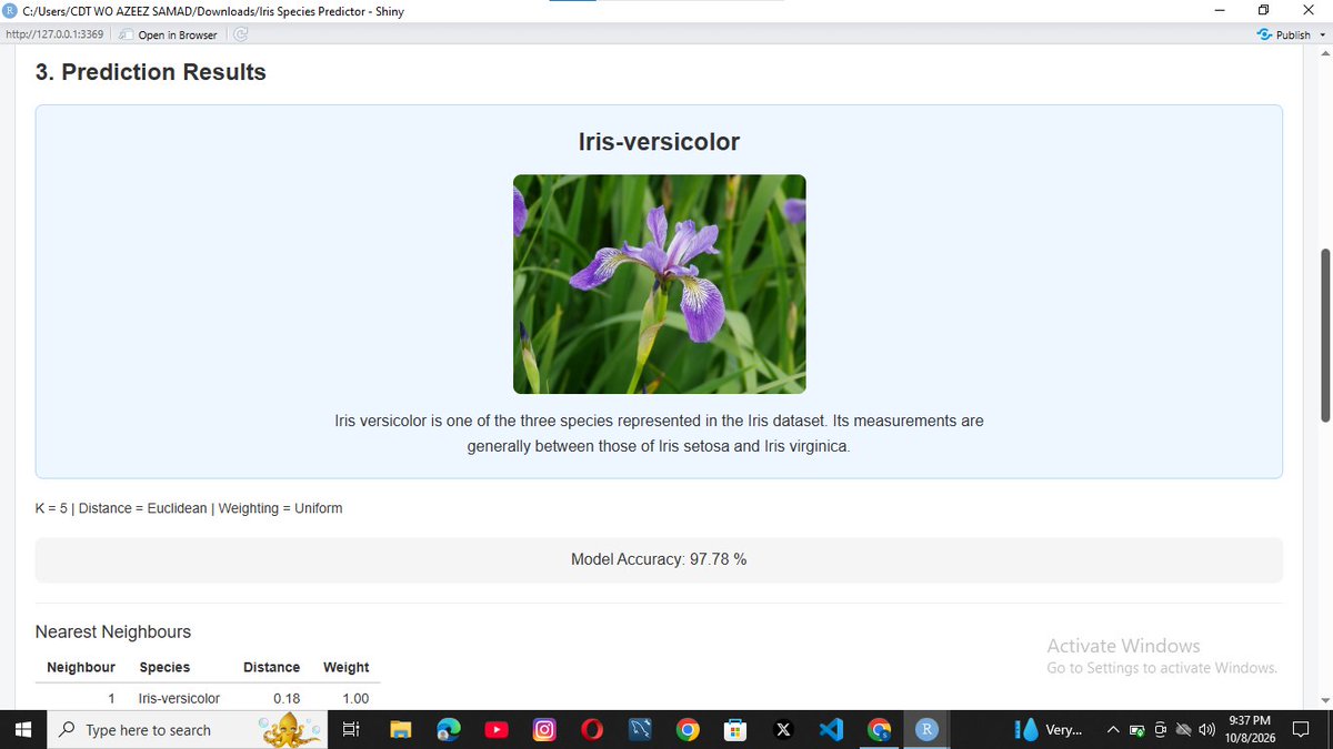 SAzeez98130's tweet photo. From an R programming assignment to a LIVE machine-learning app! 🚀🌸

I built an interactive Iris Species Predictor using R Shiny, k-NN, and ggplot2.

Users can enter flower measurements, adjust model settings, and explore predictions and nearest neighbours. https://t.co/sGbjzexjHH
