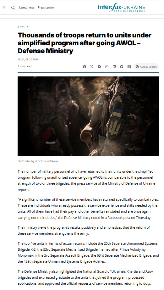 SitrepLinksENG's tweet photo. While the🇺🇦MoD reports thousands of troops return to units under simplified program after going AWOL, the Officer 🇺🇦TG channel notes those are largely comprised of individuals seeking to transfer units or taking advantage of decent conditions offered by certain brigades, rather⬇️ https://t.co/af1Lk6RY1C