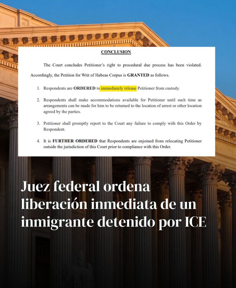 usainmigracion's tweet photo. Juez federal ordena liberación inmediata de un inmigrante detenido por ICE. Tras un habeas corpus presentado por nuestra oficina, el tribunal concluyó que su detención violaba el debido proceso.

Para orientación, llámenos al 305‑446‑8686. https://t.co/nkElzty1nR