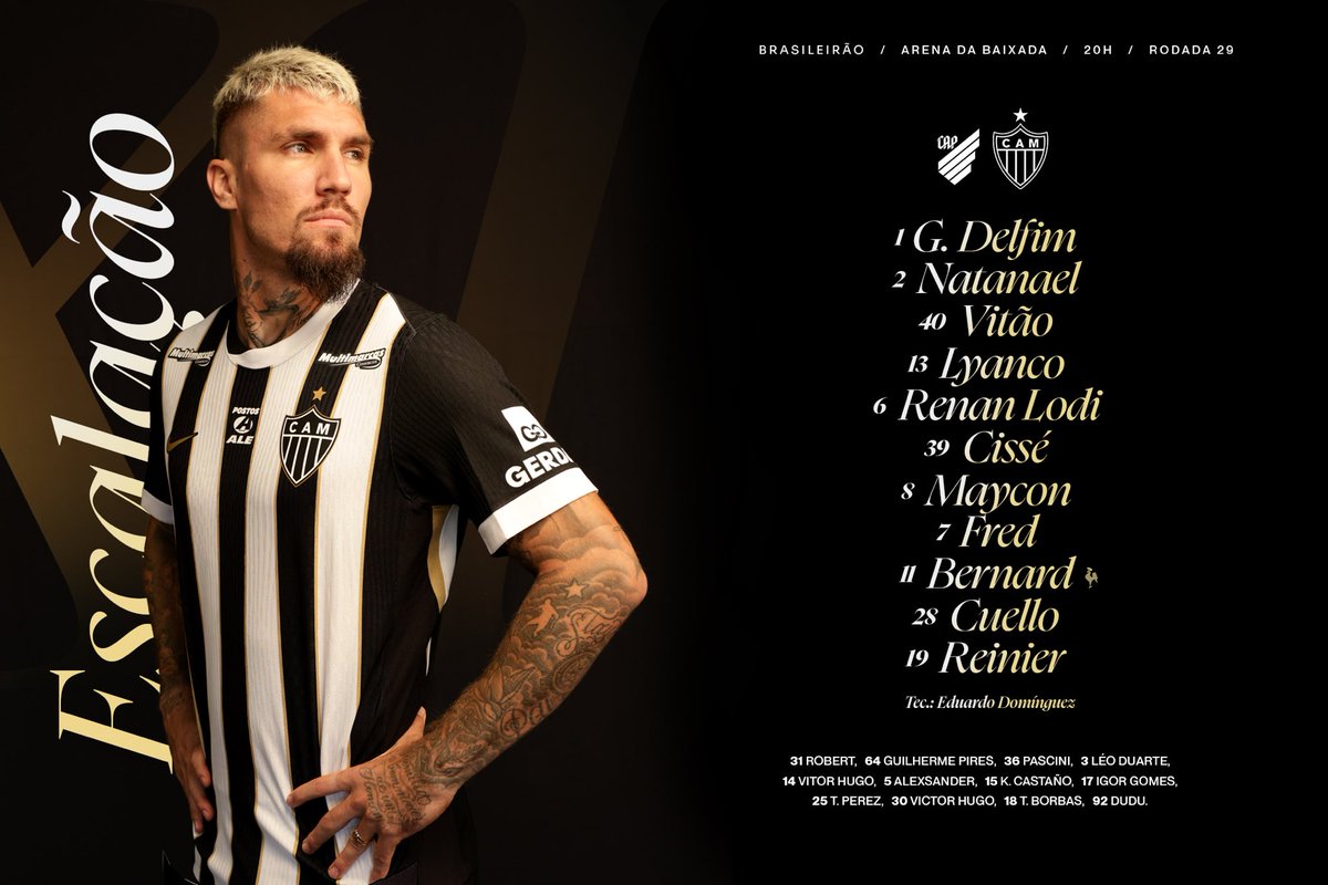 Atletico's tweet photo. 📋 GALO ESCALADO! Veja a nossa escalação para enfrentar o Athletico-PR, na Arena da Baixada, pela 29ª rodada do Brasileiro!

📺 @canalpremiere 

#VamoGalo #CAPxCAM 🏴🏳️ https://t.co/SbXolMEHmK