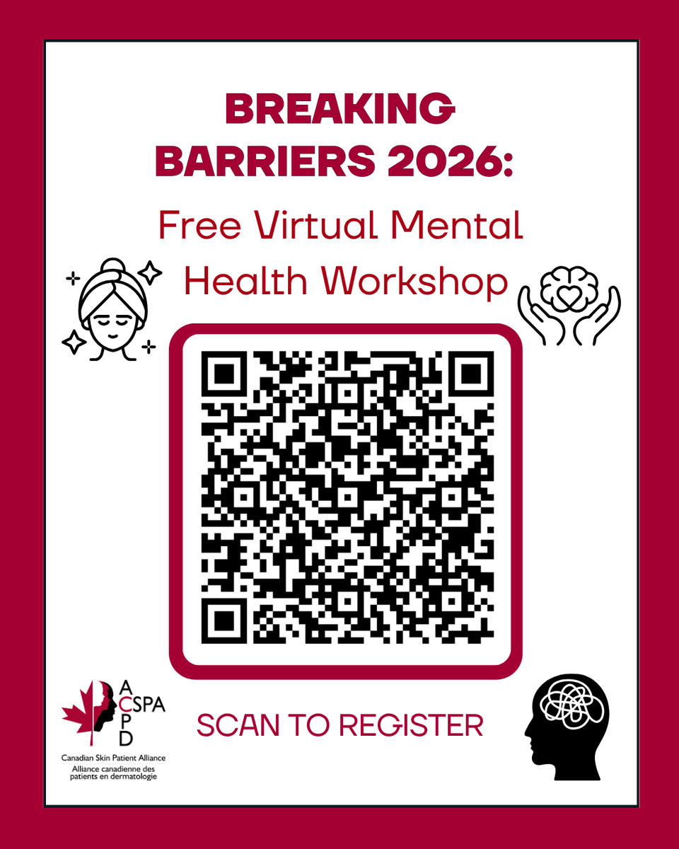 CanadianSkin's tweet photo. Join CSPA for our free virtual Breaking Barriers workshop, where we discuss the relationship between skin conditions &amp; mental well-being, share evidence-based coping strategies, &amp; ways to build resilience. Wed. Oct 14 from 6:30–8:00 p.m ET
Register https://t.co/2gDlmf8NCY https://t.co/ZBcmoYnW2F