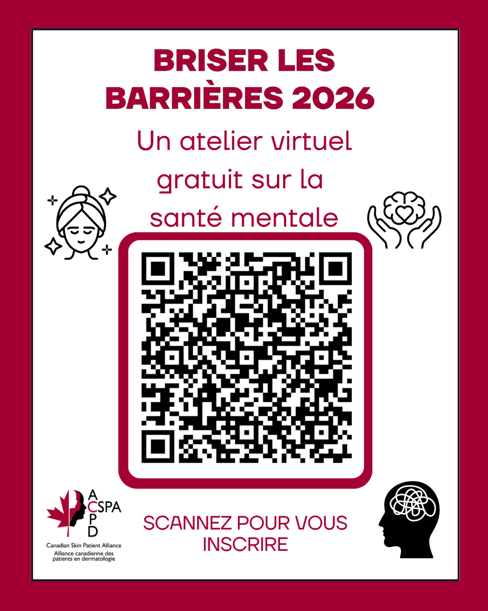 CanadianSkin's tweet photo. Join CSPA for our free virtual Breaking Barriers workshop, where we discuss the relationship between skin conditions &amp; mental well-being, share evidence-based coping strategies, &amp; ways to build resilience. Wed. Oct 14 from 6:30–8:00 p.m ET
Register https://t.co/2gDlmf8NCY https://t.co/ZBcmoYnW2F
