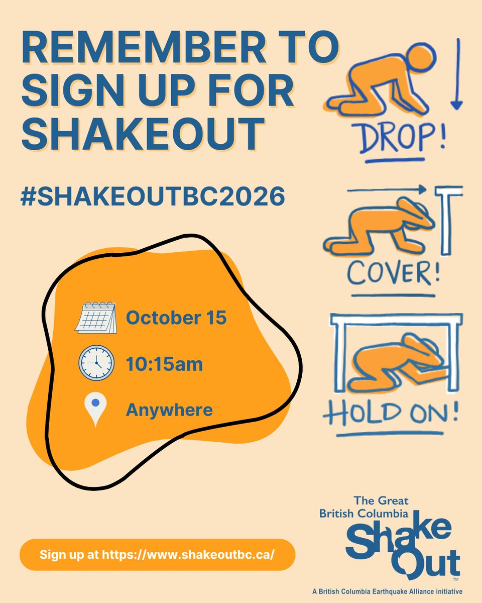 PreparedBC's tweet photo. A few minutes of practice can make a big difference during an earthquake.

Take part in the Great British Columbia ShakeOut on Oct 15 at 10:15 am to practice Drop, Cover, and Hold On. 

Register: https://t.co/0tLOwNuNJt
#ShakeOut2026 https://t.co/kmgFw0a3ov