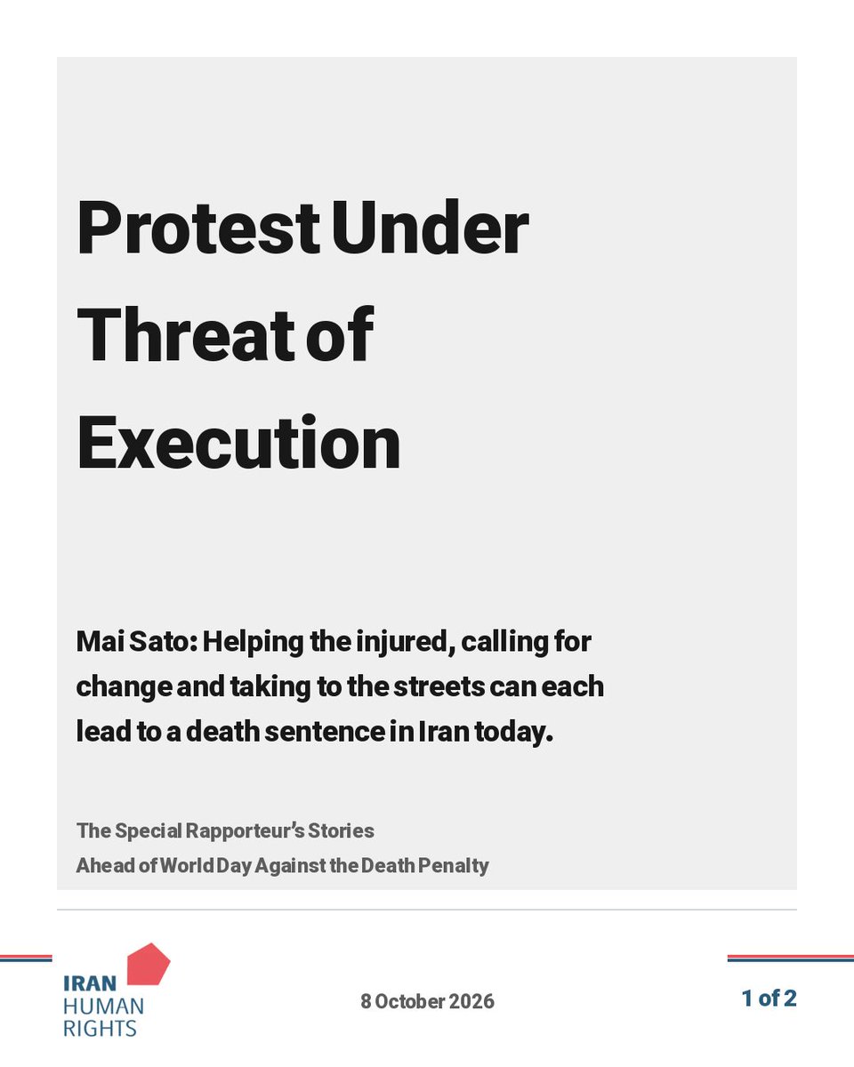 IHRights's tweet photo. The Special Rapporteur’s Stories Ahead of World Day Against the Death Penalty | Protest Under Threat of Execution

Ahead of 10 October, Mai Sato, the UN Special Rapporteur on human rights in Iran, calls for all executions to stop and all protest-related death sentences to be quashed. Iran Human Rights (IHRNGO) presents her account alongside its own reporting.

Mahboubeh Shabani used her motorcycle to take injured January protesters to safety and medical care. Sentenced to death under the Espionage Law, she was moved to solitary confinement after receiving the verdict. IHRNGO’s 29 September report states that her sentence had not yet been upheld by the Supreme Court and the reason for the transfer remained unclear.

Ali Zarei, who suffered a serious eye injury during the Woman, Life, Freedom movement, has also been sentenced to death. In an update on 2 October, IHRNGO reported his return to Ghezelhesar Prison’s general ward. The risk of execution remains.

Sato also names Mohsen Eslamkhah, Rauf Sheikh-Maroufi, Mohammad Faraji, Shervin Bagherian Jebeli, Taraneh Rahimi and Benyamin Naghdi as facing the death penalty. Alireza Sepahi was executed on 5 October. She notes that her mandate can name only cases for which consent has been obtained.

Helping the injured, calling for change and taking to the streets can each lead to a death sentence in Iran today, Sato warns. She says repression has deepened the grievances behind successive protests rather than addressed them. Peaceful dissent must be recognised as part of a healthy society.

| Iran Human Rights Reports

Mahboubeh Shabani:
https://t.co/l12ojuEr74

Ali Zarei — initial report on his transfer to solitary confinement:
https://t.co/3gZkFCtnN3
IHRNGO’s 2 October update reported his return to the general ward; the execution risk remains.

Mohsen Eslamkhah:
https://t.co/G3qIkLmYDx

Rauf Sheikh-Maroufi and Mohammad Faraji — Rauf is named “Raouf Sheikh Ahmadi” in this report:
https://t.co/qPd4JvGfYA

Shervin Bagherian — Alikhani Square case:
https://t.co/R3n7BpnPP9

Taraneh Rahimi and other protesters at risk:
https://t.co/IeYz9YpeLw

Benyamin Naghdi — death sentence upheld:
https://t.co/gs6TYZJt1m

Alireza Sepahi — execution report:
https://t.co/co8fQaMz5H

#StopExecutionsInIran #WorldDayAgainstTheDeathPenalty #MahboubehShabani #AliZarei