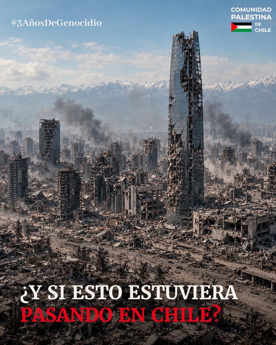 ComPalestinaCL's tweet photo. Imagina despertar y descubrir que los lugares más emblemáticos de Chile están reducidos a escombros.

Para nosotros es una imagen ficticia. Para millones de palestinos, es su realidad. https://t.co/I3RwOTwE4Q