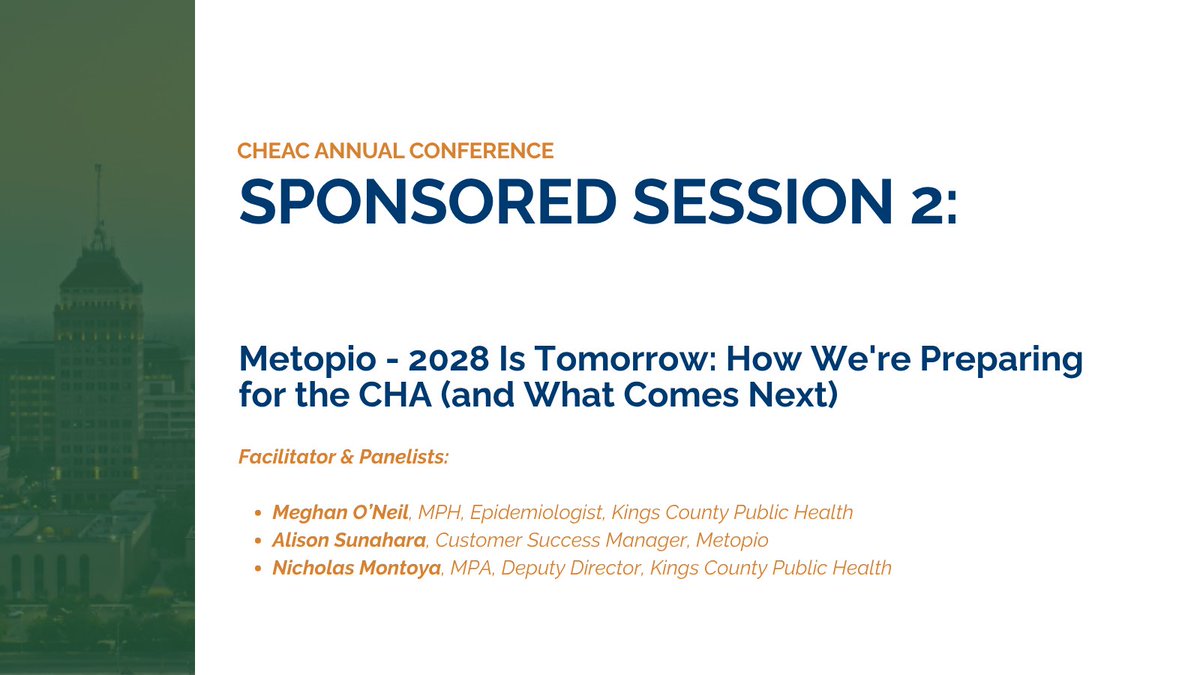 CHEAC's tweet photo. One more round of learning before we wrap up Day 2 at #CHEAC26!

Our final Sponsor Sessions explore how data, health information exchange &amp; cross-sector strategies can help local #PublicHealth better understand community needs, coordinate care &amp; strengthen health outcomes. https://t.co/w7MhKrLeWo
